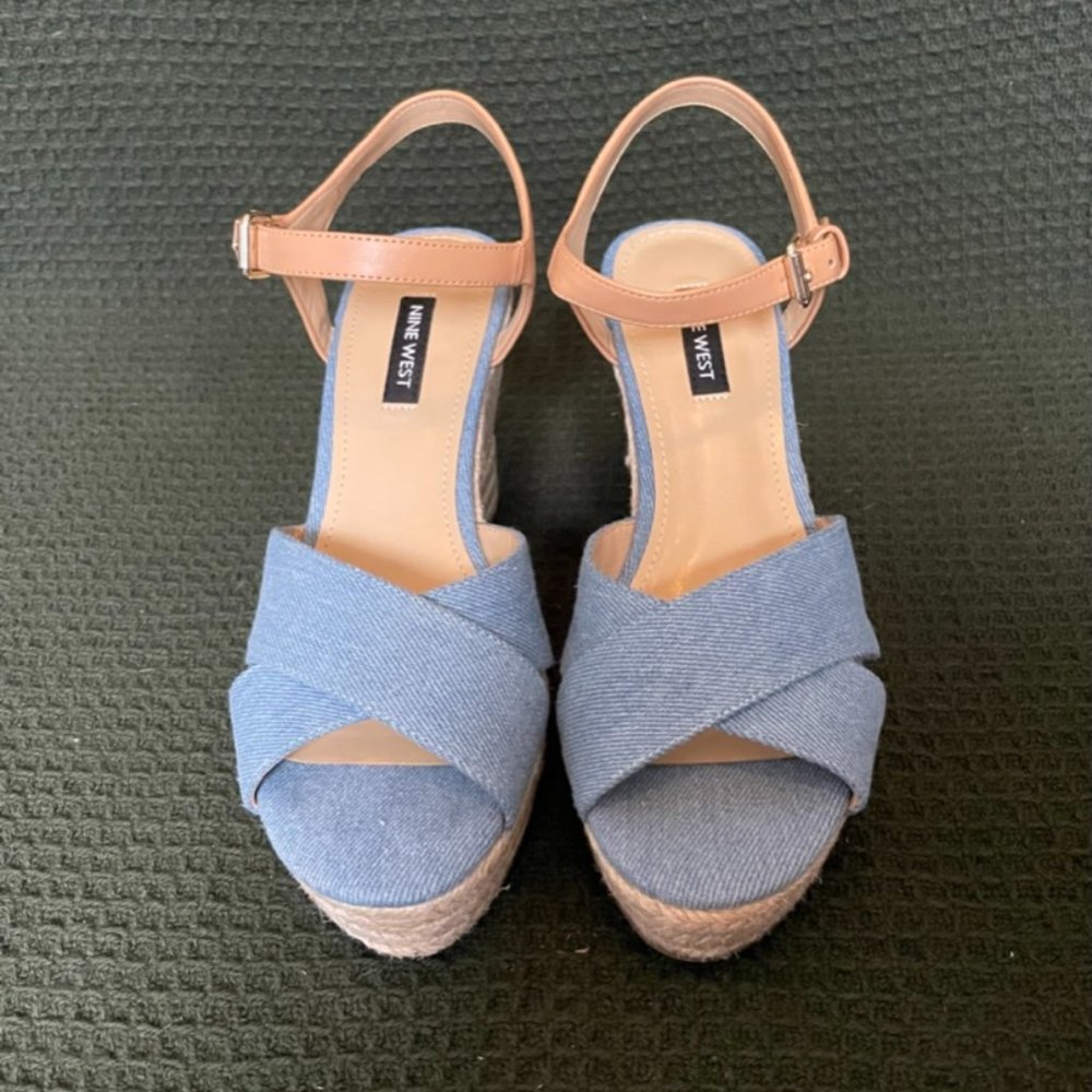 Nine West Dane Platform Espadrille Wedge Sandals Denim Size 7